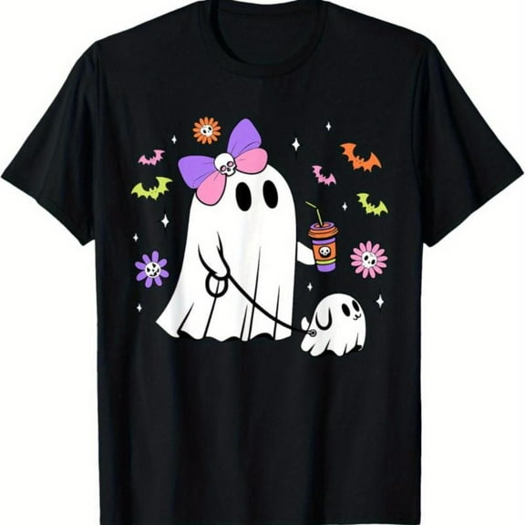Women's Y2k style T-Shirt，Funny Ghost Dog Spooky Graphic Tee, Halloween Tops，Crew neck，Fashion，cotton，black，S-5XL