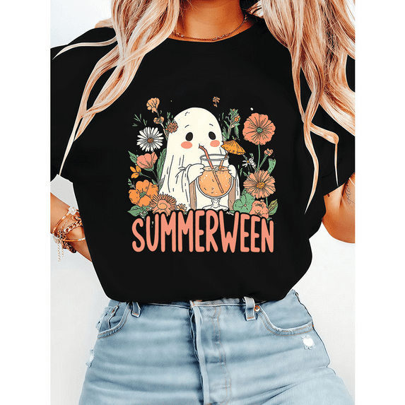 Ghost Halloween Print T-shirts Vintage Summer Cocktail Halloween Graphic Tees Short Sleeve Casual Tops for Daily Outfits Cotton Shirts Black,3XL