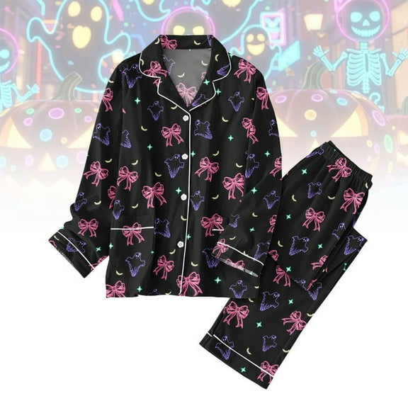 Ghost Halloween Satin Pajamas, Pink Bow Long Sleeve Sleepwear Set, Spooky Kawaii Lounge Set, Family Matching Halloween Holiday Pjs