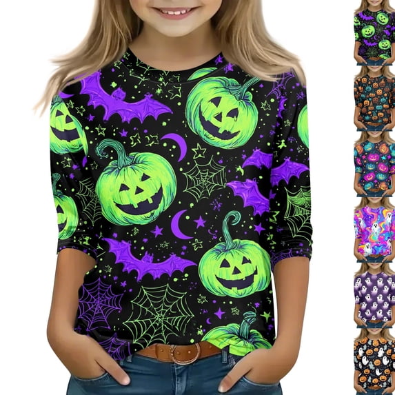Ghost Halloween Shirt Girls Cute Graphic 3/4 Sleeve T Shirt Halloween Print Spooky Season Fall Casual Top Kids Party Wear 2026,6-7 Years,Fluorescent Green