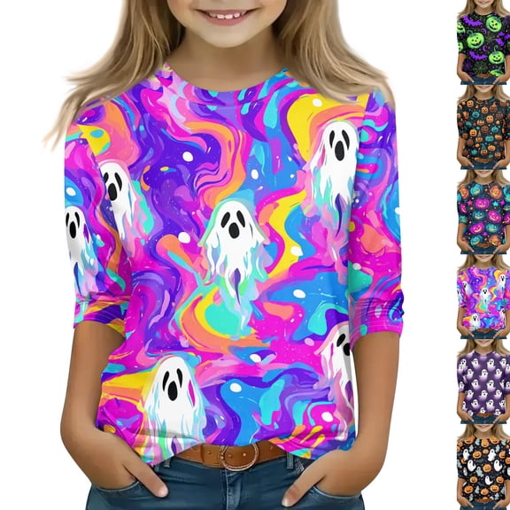 Ghost Halloween Shirt Girls Cute Graphic 3/4 Sleeve T Shirt Halloween Print Spooky Season Fall Casual Top Kids Party Wear 2026,6-7 Years,Multicolor