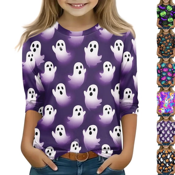 Ghost Halloween Shirt Girls Cute Graphic 3/4 Sleeve T Shirt Halloween Print Spooky Season Fall Casual Top Kids Party Wear 2026,6-7 Years,Purple