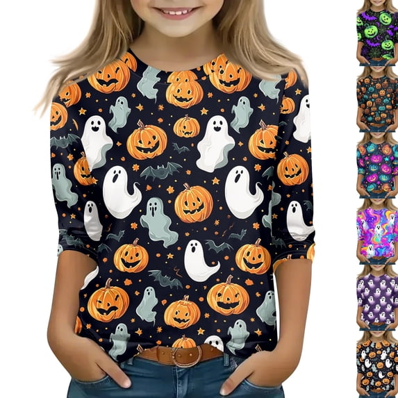 Ghost Halloween Shirt Girls Cute Graphic 3/4 Sleeve T Shirt Halloween Print Spooky Season Fall Casual Top Kids Party Wear 2026,9-10 Years,Saffron