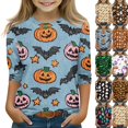 thumbnail image 1 of Ghost Halloween Shirt for Girls Cute Pumpkin Print 3/4 Sleeve T Shirt Halloween Graphic Tee Spooky Season Party Outfit Kids 2026,11-12 Years,Dark Blue, 1 of 2