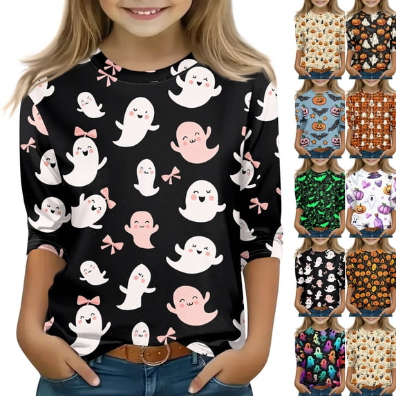 Ghost Halloween Shirt for Girls Cute Pumpkin Print 3/4 Sleeve T Shirt Halloween Graphic Tee Spooky Season Party Outfit Kids 2026,11-12 Years,Khaki