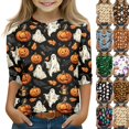 thumbnail image 1 of Ghost Halloween Shirt for Girls Cute Pumpkin Print 3/4 Sleeve T Shirt Halloween Graphic Tee Spooky Season Party Outfit Kids 2026,11-12 Years,Navy, 1 of 1