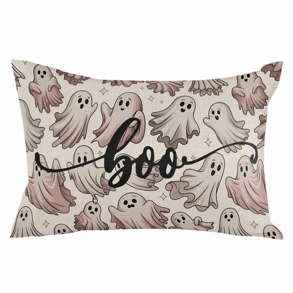 Ghost Halloween Throw Pillow Cover 16 x 24 Inch Decorative Pillow Cover Cute White Pink Rustic Lumbar Pillowcase Seasonal Rectangle Cushion Case for Couch Sofa Bed Living Room