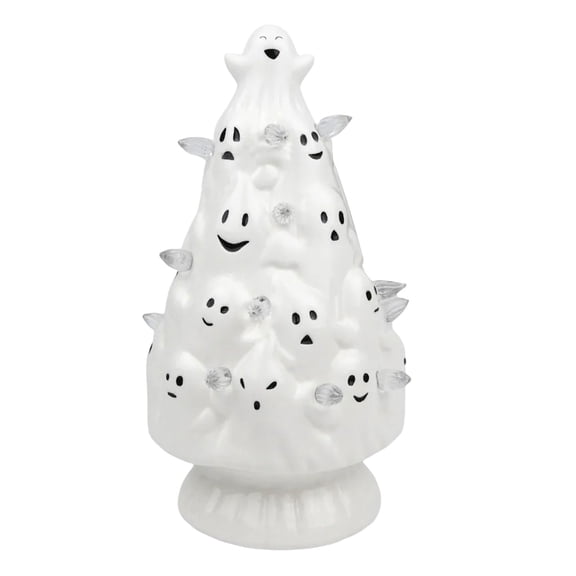 Ghost Halloween Tree Decoration, 11.5x6.5x6.5 Inch Battery Operated Lighted Ghost Tree, Warm Glow Cordless Bulbs for Whimsical Backyard Shelf, 1Pc