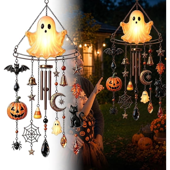 Ghost Halloween Wind Chime, Battery Operated LED Light Up Ghost Decor, Halloween Outdoor Hanging Decor for Porch Patio Garden Tree Yard