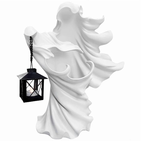 Ghost Halloween Witch Ornament with Lantern Energy Saving Resin Statue for Garden Courtyard Decor White