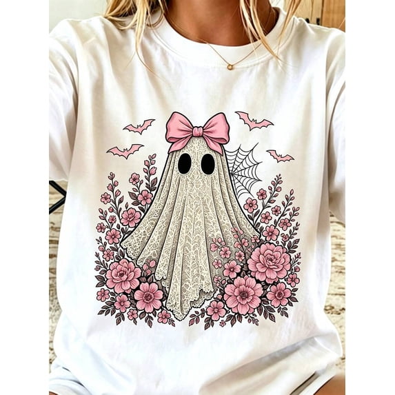 Ghost Halloween Women's T-Shirt Halloween Outfit Casual Soft T Shirt Coquette Bow Lace Ghost Round Neck Loose Casual Tees Halloween Gift