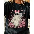 thumbnail image 1 of Ghost Halloween Women's T-Shirt Halloween Outfit Casual Soft T Shirt Coquette Bow Lace Ghost Round Neck Loose Casual Tees Halloween Gift, 1 of 6