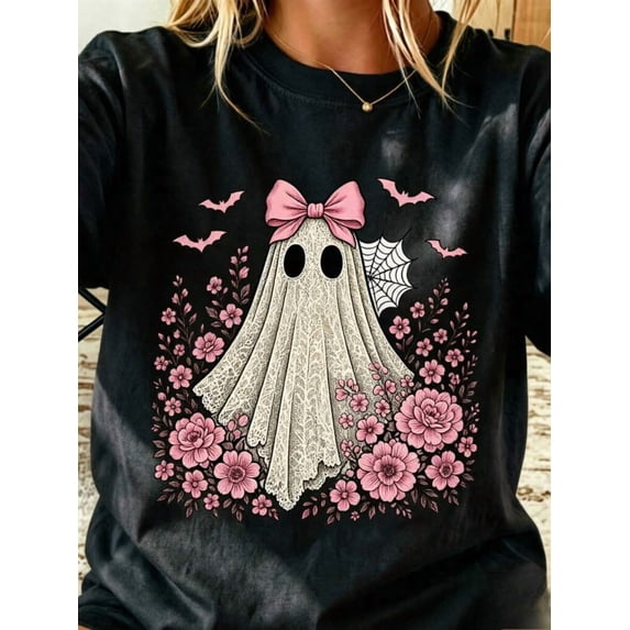 Ghost Halloween Women's T-Shirt Halloween Outfit Casual Soft T Shirt Coquette Bow Lace Ghost Round Neck Loose Casual Tees Halloween Gift