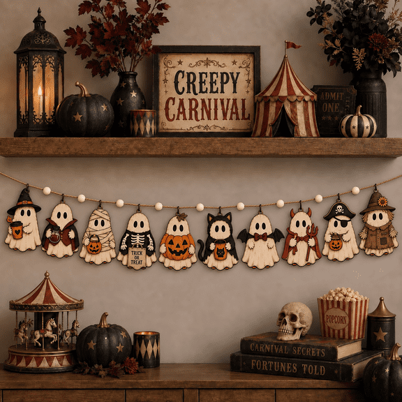 Ghost Halloween Wooden Garland, Classic Trick-or-Treat Costume Banner for Mantel and Party Display