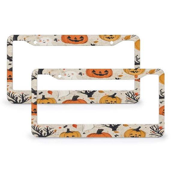 Ghost Happy Halloween License Plate Cover 2 Pcs Set Halloween Holiday Decorations Car License Plate Frame Car Accessories US Canada Standard 2 Holes Aluminum Metal License Plate Frames