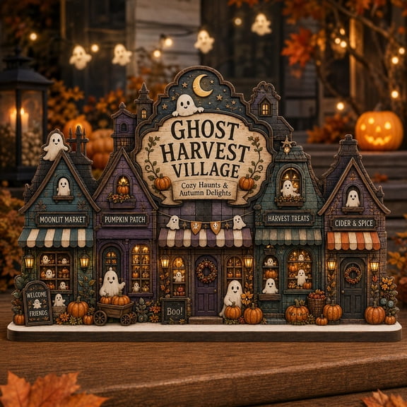 Ghost Harvest Village Wooden Block Shelf Decor for Halloween Mantel Styling
