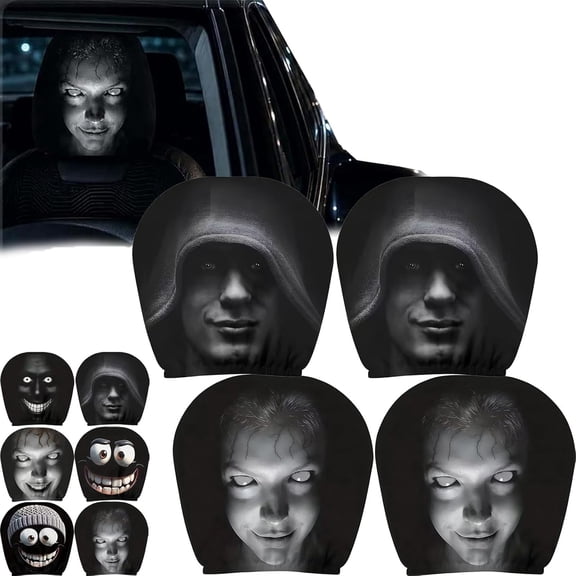 Ghost Headrest Covers for Cars, 4 Pcs Scary & Funny Cartoon Car Headrest Covers, Spooky Creepy Halloween Auto Head Rest Protector with Ghost Face Mask Design, for Vehicle Truck SUV,Set h