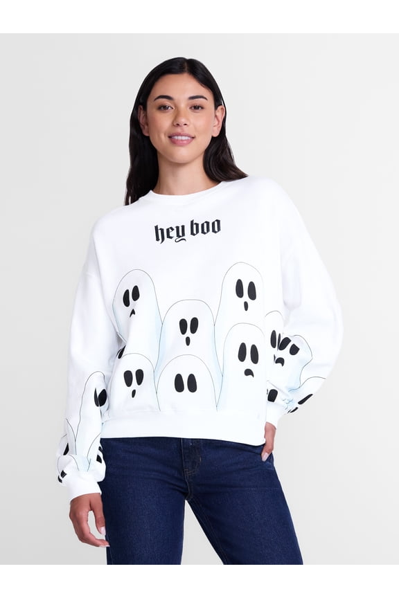 Halloween Women's Hey Boo Graphic Sweatshirt with Long Sleeves, Sizes XXS-XXL