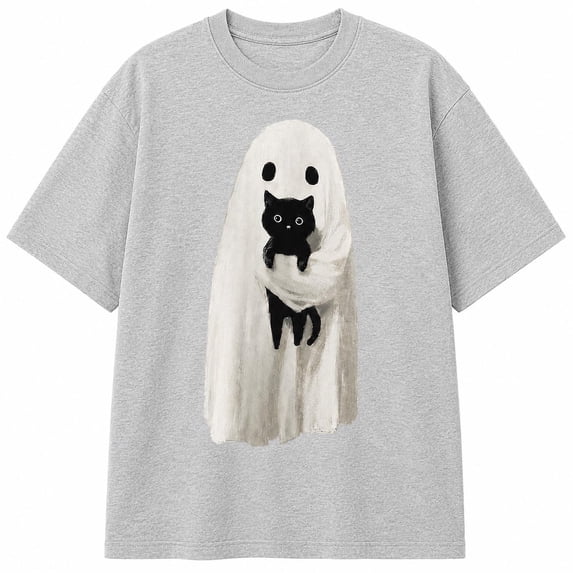 Ghost Holding Black Cat Halloween T-Shirt, Spooky Season Cotton Tee,Ash Grey Color,Size M