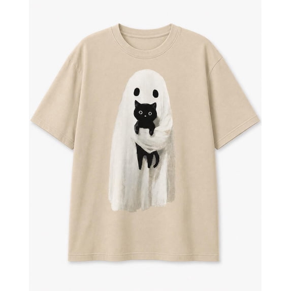 Ghost Holding Black Cat Halloween T-Shirt, Spooky Season Cotton Tee,Sand Color,Size 3XL