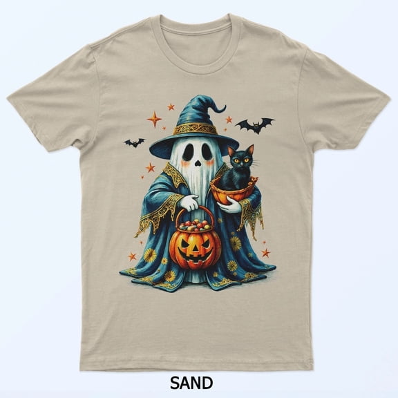 Ghost Holding Black Cat Retro Floral Halloween Vibes T-Shirt