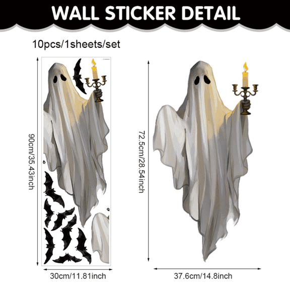 Ghost Holding Candle Window Stickers 26.7 Inch，Window Cling Decal Set Adhesive Static Cling Large Ghostly Pattern Decors For Home Office Holiday Decoration