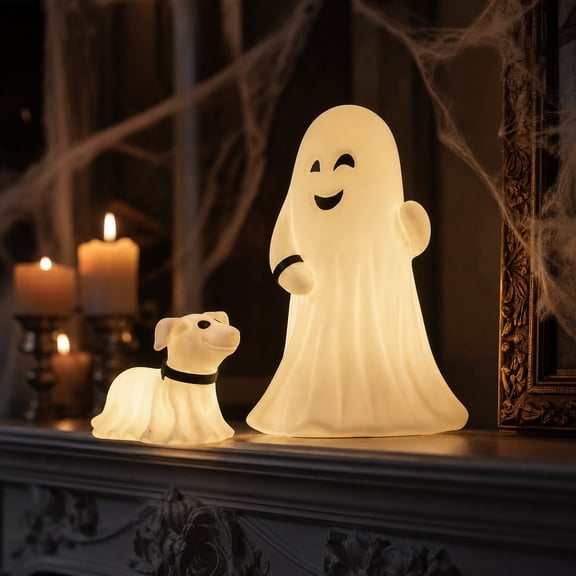 Ghost Holding Dog Statue, Halloween Horror Art Figurine, Outdoor Yard Ornament for Home Decor, Spooky Lawn Sculpture for Garden & Porch, Resin