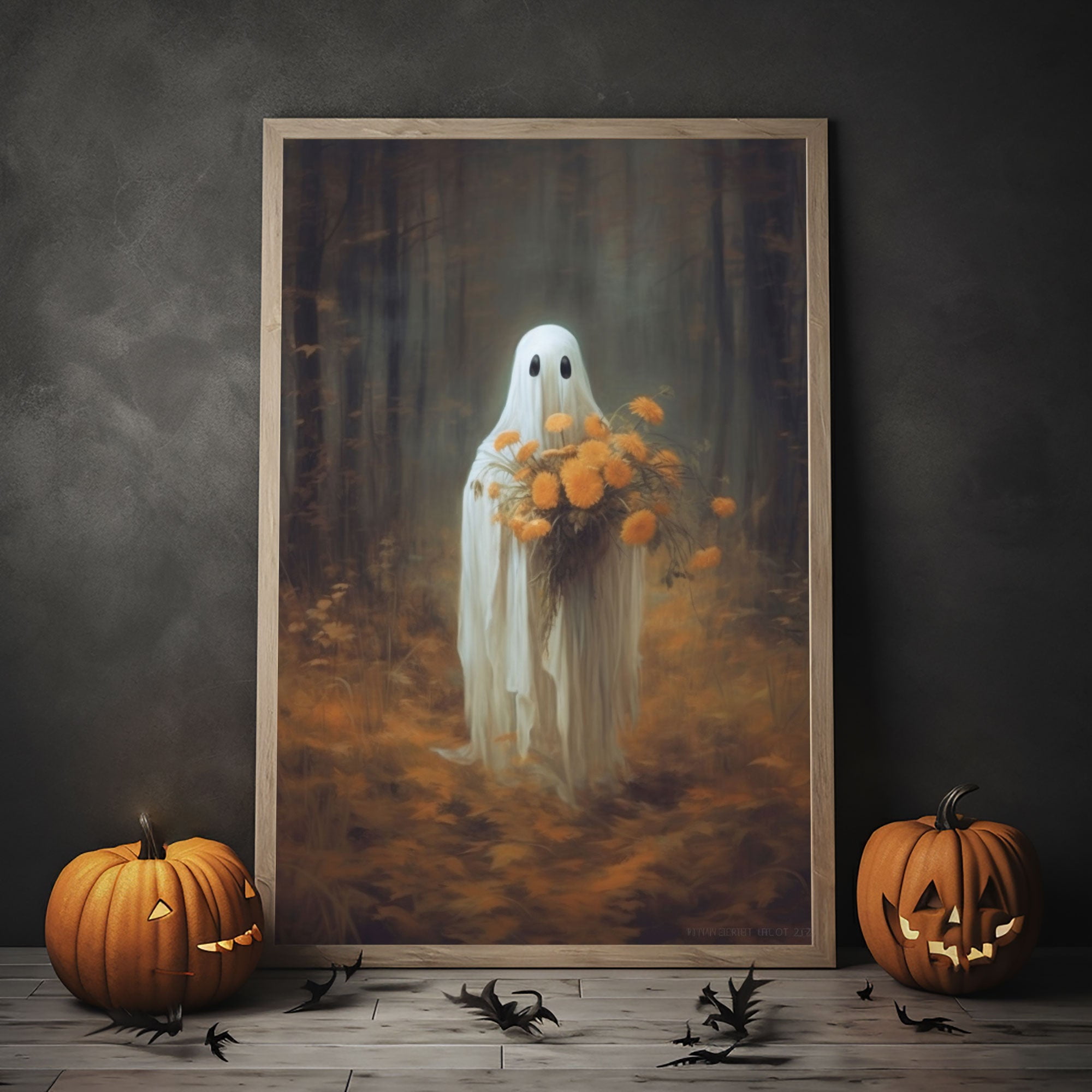 Ghost Holding Flowers In The Fall Forest Poster Print, Fall Decor