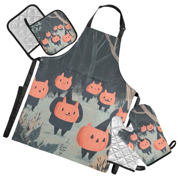 Ghost Holding Pumpkin Oven Mitts and Pot Holders with Chef Apron Set 5 Pcs Kitchen Cooking Set