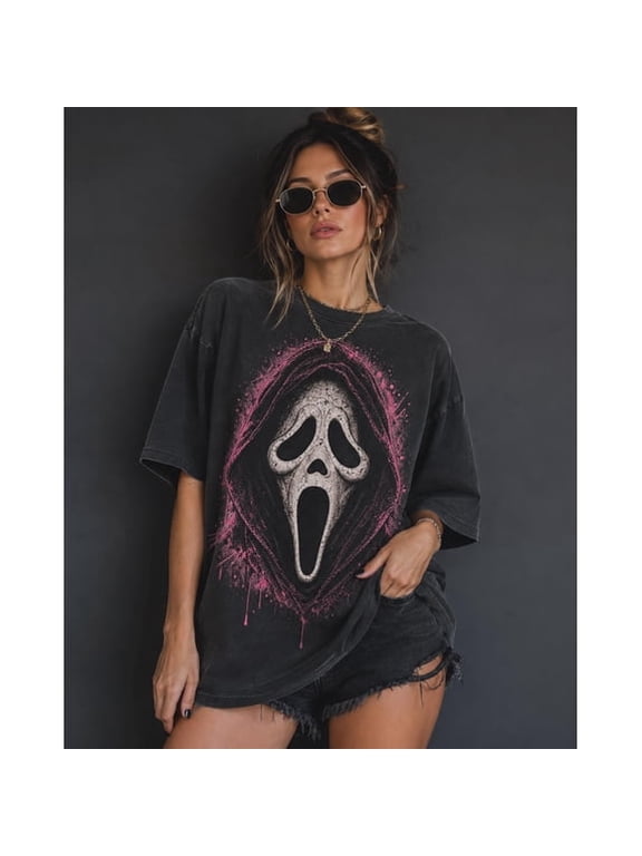 Ghost Horror Face Pink Skull Halloween T-Shirt, Gothic Face Graphic Tee, Spooky Oversized Shirt, Dark Y2K Style, Creepy Halloween Apparel, Horror Fan Gift