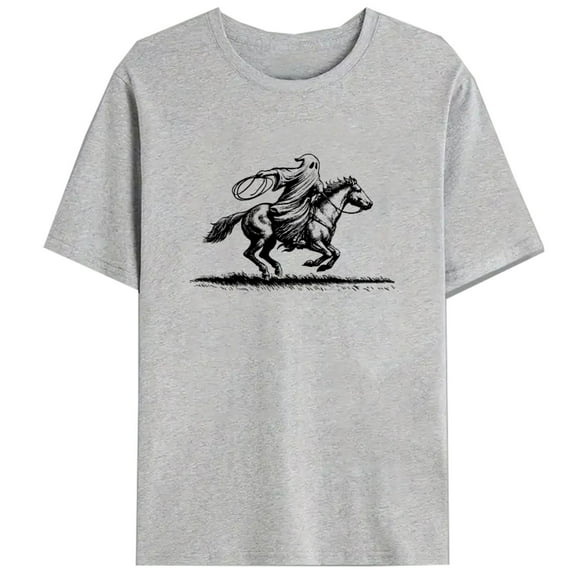 Ghost Horse Gothic Tee,Gothic T-Shirt,Monochrome Horse & Ghost Illustration,Graphic Tops,Round neck,Funny,cotton,gray,S-3XL
