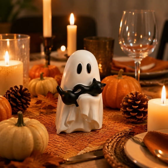 Ghost Hug Cat Resin Figurine Halloween Decor – Two Style Cute Ghost Cat Statue Fall Decorations for Home – Tabletop Ornament for Mantel Indoor Halloween Decor