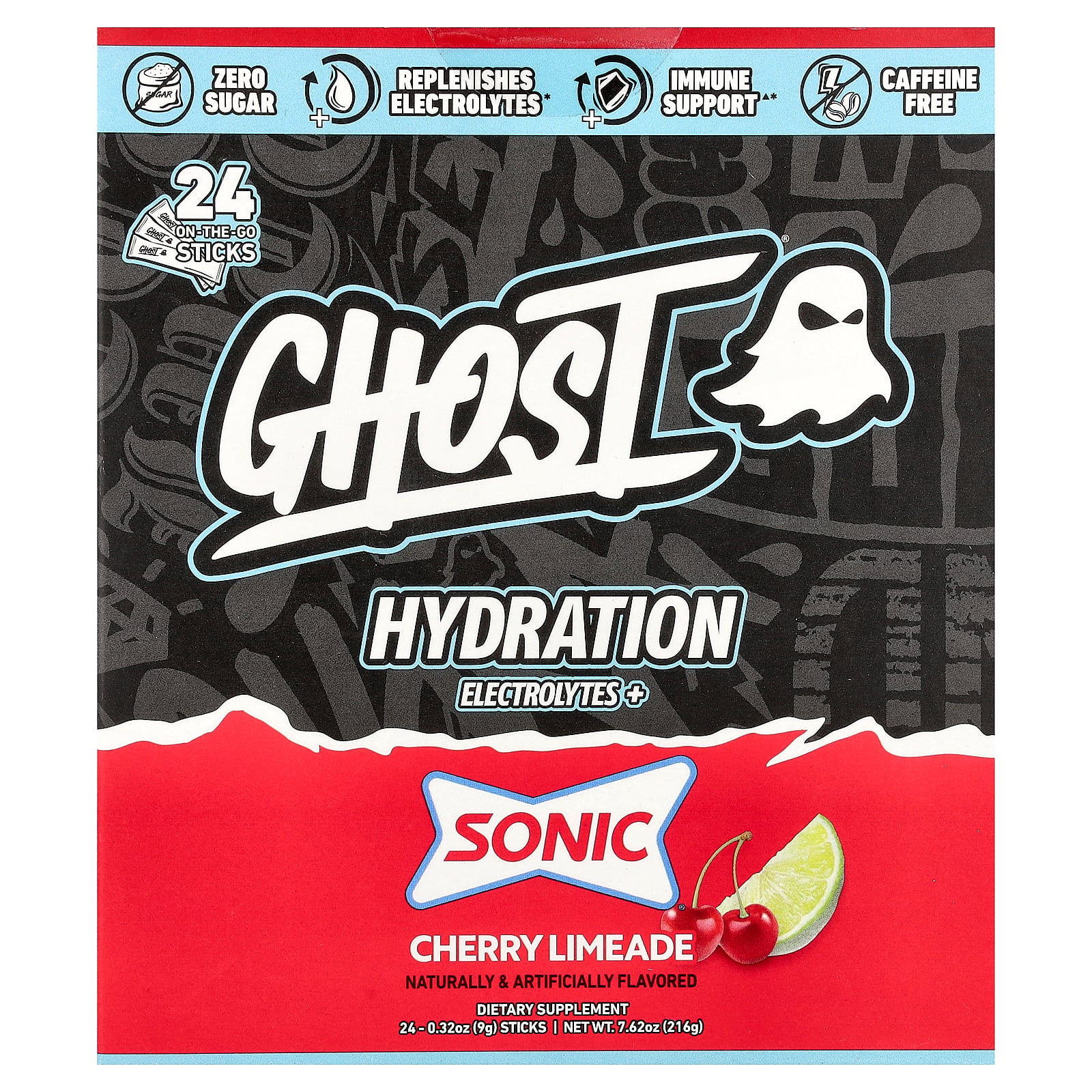 Ghost Hydration Electrolytes+, Sonic Cherry Limeade, 24 On-The-Go Sticks, 0.32 oz (9 g) Each