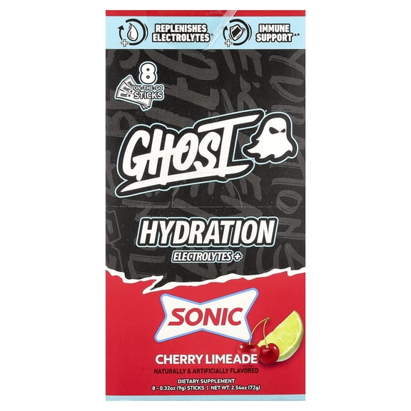 Ghost Hydration Electrolytes+, Sonic Cherry Limeade, 8 On-The-Go Sticks, 0.32 oz (9 g) Each