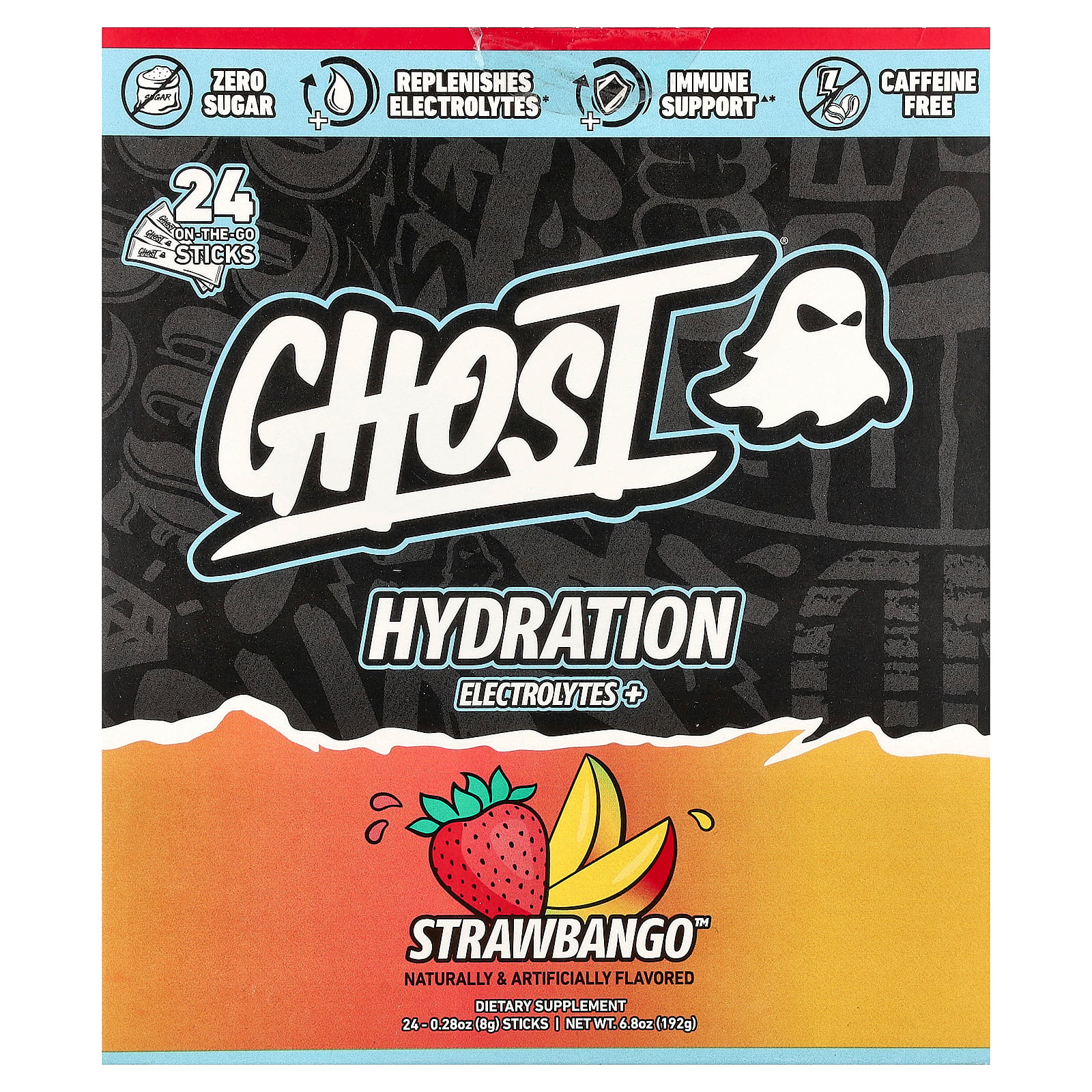 Ghost Hydration Electrolytes+, Strawbango, 24 On-The-Go Sticks, 0.28 oz (8 g) Each