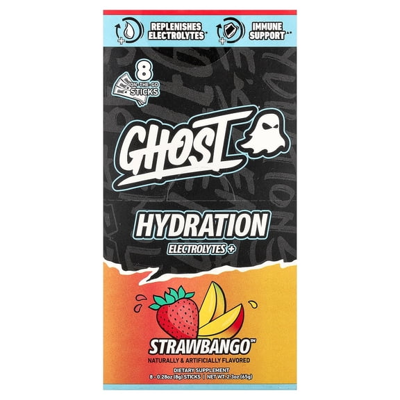 Ghost Hydration Electrolytes+, Strawbango, 8 On-The-Go Sticks, 0.28 oz (8 g) Each