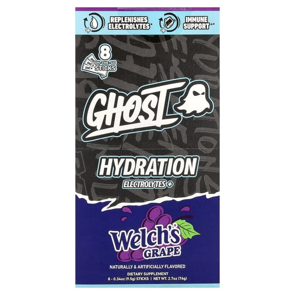 Ghost Hydration Electrolytes+, Welch's Grape, 8 On-The-Go Sticks, 0.34 oz (9.5 g) Each