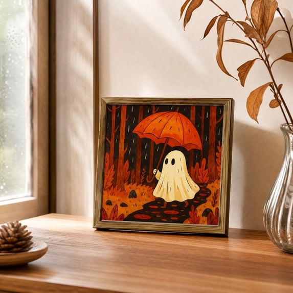 Ghost Illustration Halloween Wall Art with Wooden Frame, Country Halloween Gothic Cute Ghost Wall Decor Paintings, Retro Farmhouse Rustic Posters Prints Pictures for Living Room Bedroom Home Decor