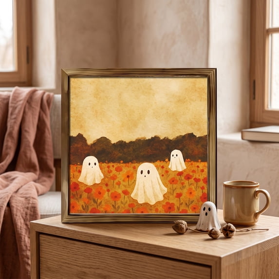 Ghost Illustration Halloween Wall Art with Wooden Frame, Country Halloween Gothic Cute Ghost Wall Decor Paintings, Retro Farmhouse Rustic Posters Prints Pictures for Living Room Bedroom Home Decor