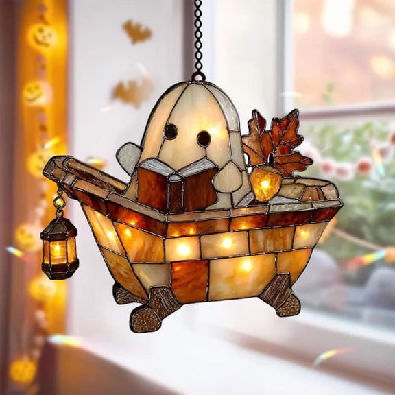 Ghost In Bathtub Acrylic Window Hanging, Cute Spooky Faux Acrylic Suncatcher, Halloween Book Lover Gift Idea, Halloween Bathroom Decor