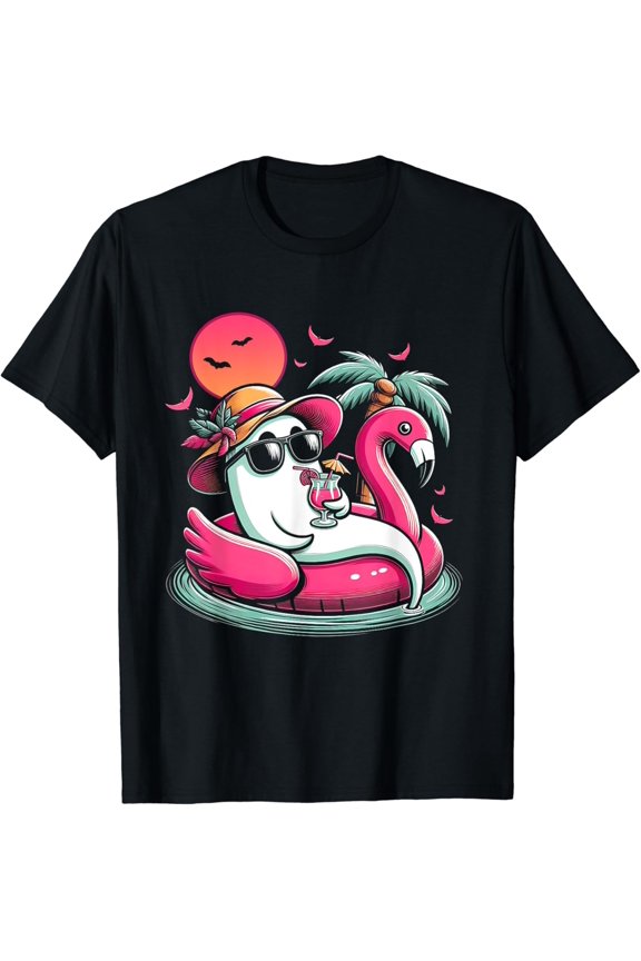 Ghost In Lifebuoy Flamingo On A Pool Float Summer Ween T-Shirt
