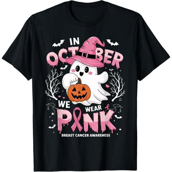 Ghost In October We Wear Pink Breast Cancer Awareness Funny Gifts Halloween T-shirt