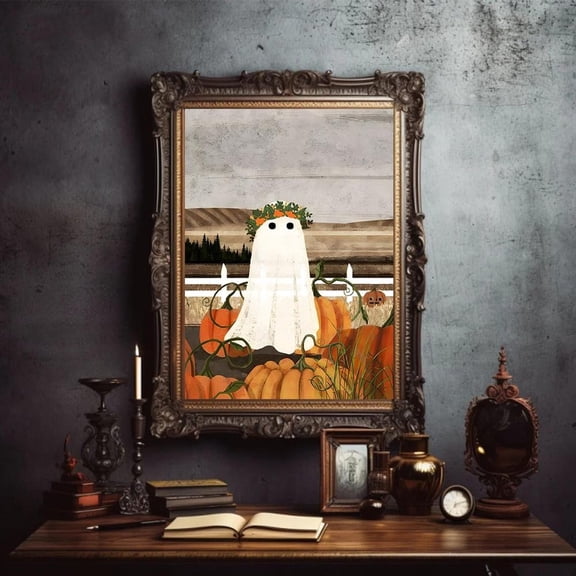 Ghost In Pumpkin Patch Art Rustic UNFRAMED Poster, Wall Art for Decor, Present, 8x12