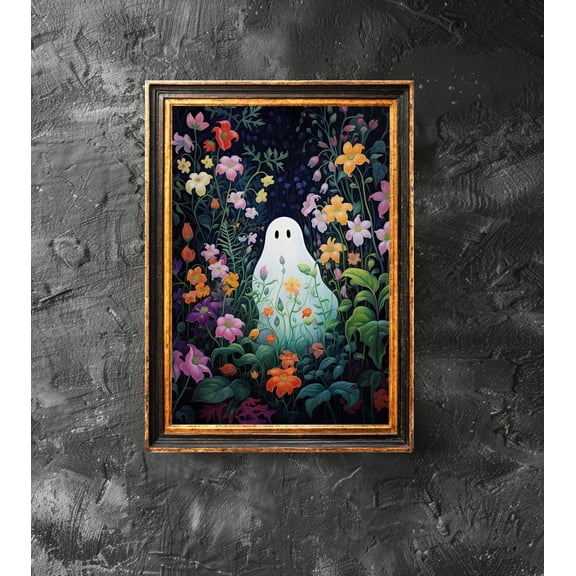 Ghost In The Flower Forest Poster Spooky Art Cute Ghost Poster Colorful Floral Wall Art Modern Wall Decor