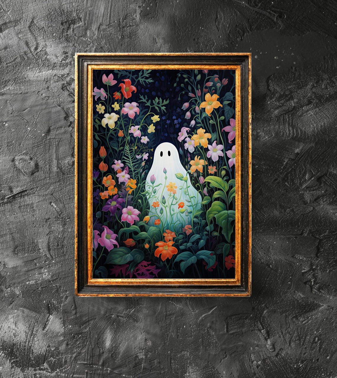 Ghost In The Flower Forest Poster, Spooky Art, Cute Ghost Poster ...