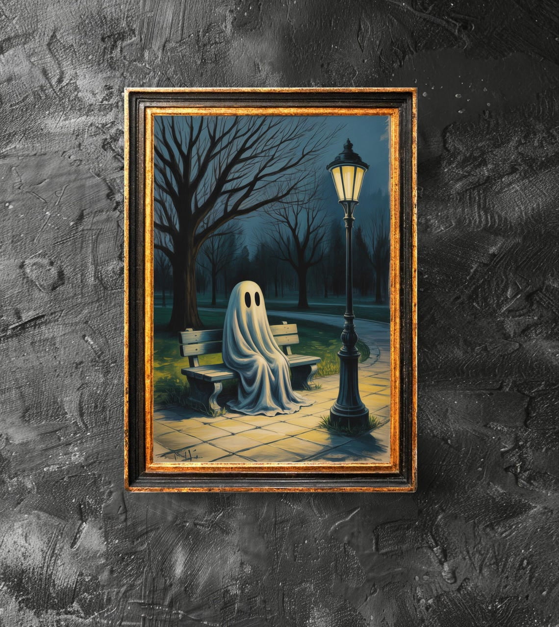 Ghost Is Sitting On The Bench Poster, Spooky Wall Art, Vintage Ghost ...