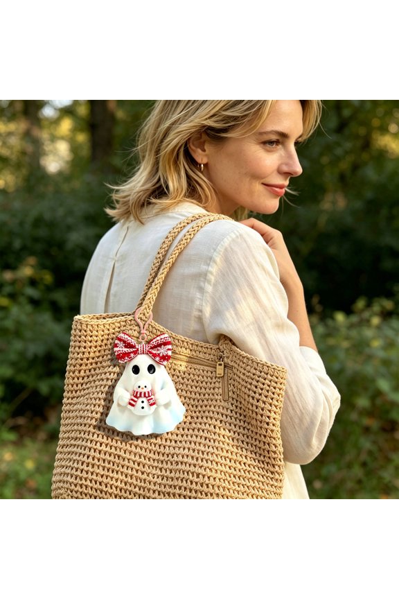 Ghost Keychain Pendant, Cute Plush Ornament, Bag Accessory, Soft Lightweight Fabric, Compact Portable Size, and Easy Snap Hook Attachment for Backpack, Handbag, and Key Ring.