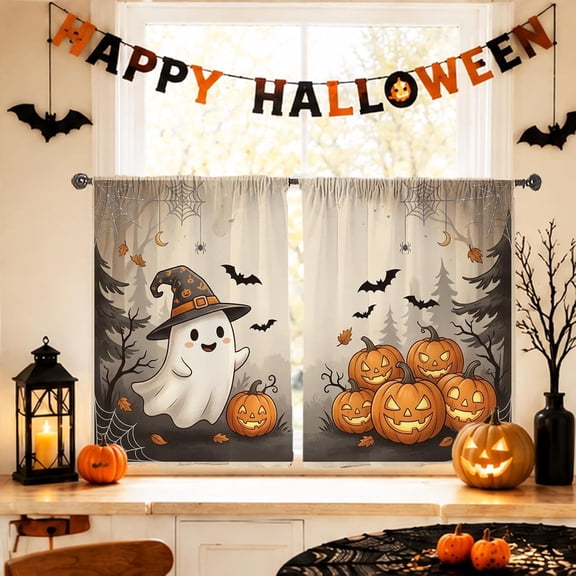 Ghost Kitchen Curtains, Fanciful Seasonal Pumpkins Bat Halloween Orange Tiered Kitchen Window Curtain Set Window Decoration for Dining Room Breakfast Nook Sink Area 24x26 Inch