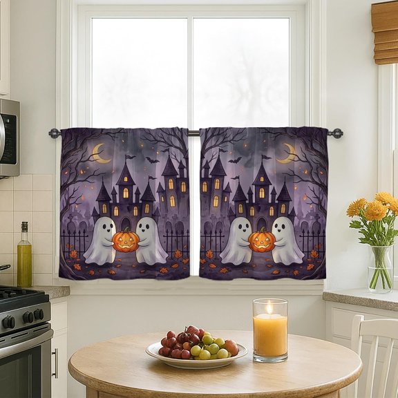 Ghost Kitchen Curtains, Fanciful Spooky Castle Pumpkins Halloween Violet Sink Window Curtains Window Decoration for Dining Room Breakfast Nook Sink Area 24x26 Inch