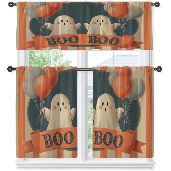 Ghost Kitchen Curtains, Halloween Festive Balloon Banner Halloween Orange Tiered Kitchen Window Curtain Set Window Decoration for Dining Room Breakfast Nook Sink Area 27.5x39 Inch